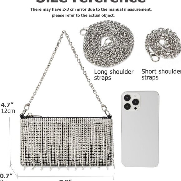 Women Sparkly Rhinestone Purse Tassel Crystal Diamond Crossbody Bag Silver Chain - Picture 3 of 6